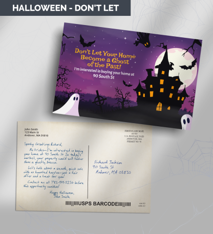 Halloween real estate postcard with haunted house, bats, and ghosts under a purple night sky