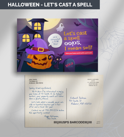 Halloween-themed postcard promoting a quick home sale.