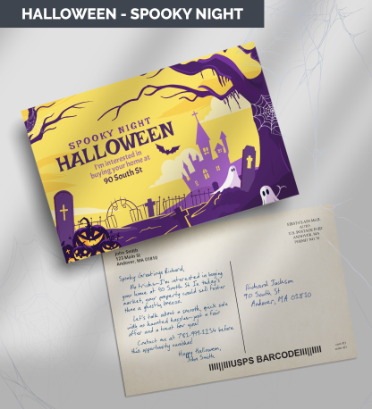 A Halloween-themed postcard showing a haunted house and ghosts.